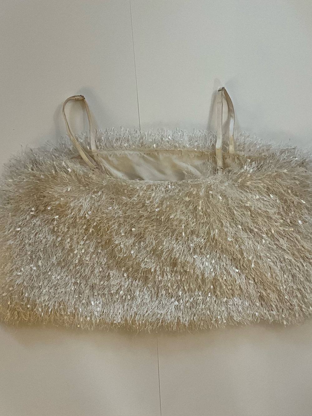 Cream Shaggy Tinsel Sequin Cami Crop Top Sparkly Holiday Festival XL - Picture 3 of 6